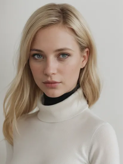 portrait photography of european female, (facing viewer:1.5), blonde hair, (31 years old:1.2), (black turtleneck:1.3), goosebumps,goose-flesh, (realistic:1.3), finely detailed, quality, (masterpiece:1.2), (photorealistic:1.2), (best quality), (detailed skin:1.3), (intricate details), dramatic, ray tracing, photograph, Wind surfboard, Bathed in shadows, Visual novel,(studio white wall background:1.5), film grain, Kodak gold 200, Depth of field 100mm, Flickr
