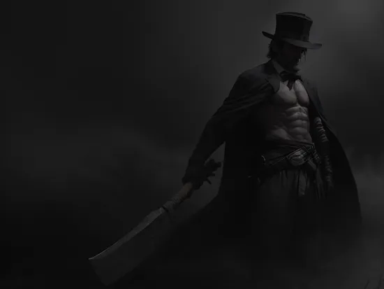 badass shirtless Abraham Lincoln wielding an axe, darkness, foggy+, wide epic composition, dark+ ominous+ cinematic wallpaper, raytraced volumetric lighting, shaded face, hat, cape, full body