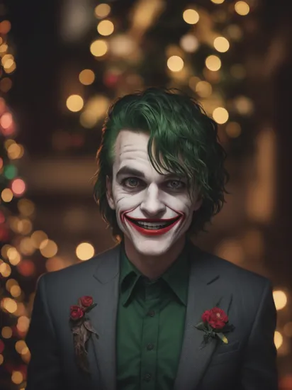 cinematic film still ,  ChristmasQuiron style, Christmas, Christmas tree, Christmas decorations,  Christmas style, Christmas spirit, best quality, ultra detailed, 8k, mysterious,   hero pose, The Joker (DC Comics): The Joker's colorful suit, wild green hair, and maniacal grin make him an iconic and recognizable character for cosplay., . shallow depth of field, vignette, highly detailed, high budget Hollywood movie, bokeh, cinemascope, moody, epic, gorgeous, film grain, grainy