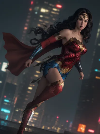 character (Wonder Woman:1.2),Diana Prince,30 year old woman,(long black hair:1),(wearing red cape:1.2),load wire,perfect proportion,Cyberpunk Edgerunner style,flying over the rough weather city,late night,breathing fire,cold chaos strong contrast,distant view,8K picture quality,shimmer,delicate picture,loish,jeremy mann,full body shot,character sheet,lightningwave,3d,cgi,glowing neon,cyberpunk,streetwear outfit,&,neon city,
,((best quality)),((masterpiece)),((realistic)),(detailed),,