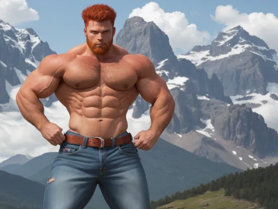 A hulking young bodybuilder with spiky red hair and beard flexes his oversized biceps, muscles clashing due to his BrutalMass, wearing jeans and work-boots, in front of a mountain