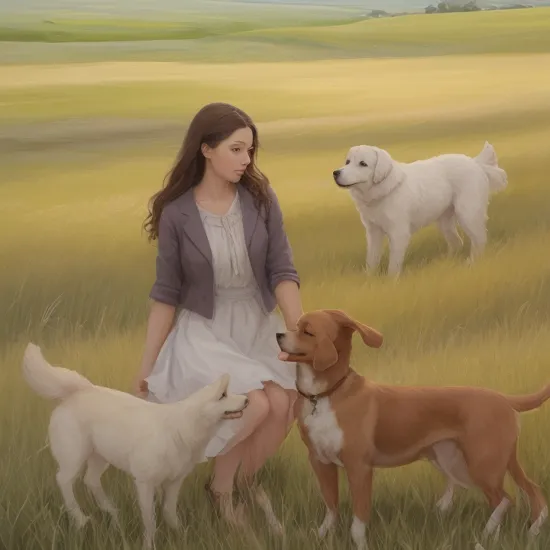 a painting of a dog and a woman in a grass field, conceptual, Imaginary Friend