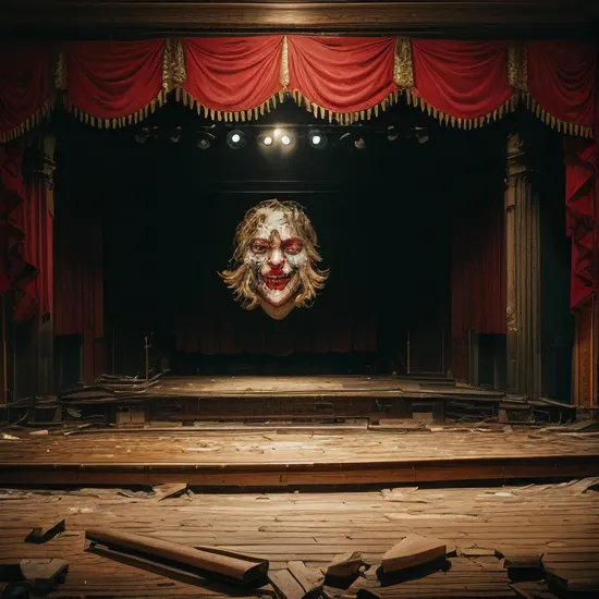 professional photo of joker, sitting on theatrical stage of a small provincial theater in ruins, cracked (burning wooden floor:1.3), heavy red curtains with fire, dimmed light, on the floor scattered theatrical masks of the Venetian carnival:1.2, provocative composition 