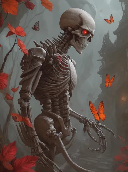 Midjourney style, Dreamlike,a 3d render of a terminator, skeleton, crystal bones, fantasy mechanical workings, flower details, tranquil background scenery, evil red eyes, looking at viewer, rotating flowing willow leaves, butterfly, detail painting Luki, CG social competition champion, fantasy art