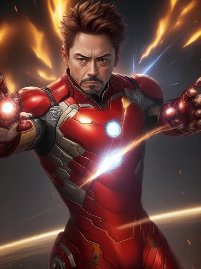 Tony Stark, in his Iron Man suit, his face is visible (no mask), firing a laser from his glove, dynamic position (flying), intensity, full body portrait, UHD, HDR, 32K, intricate details, action background, hyper-detailed, wide angle (24mm), 32k, trending, amazing art, stunning image, award winning photography, cinematic