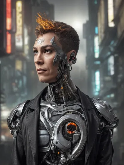 (cyborg:1.3), bladerunner, dark misty street, Photo of Harry Potter as Cyberpunk Wizard  in a dystopian cyberpunk city,  punk hairstyle, cybernetic face modifications,  body modification,    stencil style, stenciled,