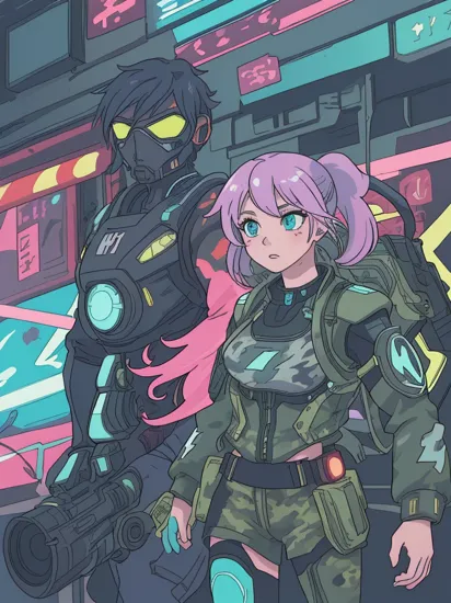anime artwork Two people, (bright glowing tattoos hologram Cortana) and (military camouflage colored cyborg Master Chief), colorful cyberpunk city, cyberpunk, cyberpunk art style, glowing multicolored neon lights, raining, (lightning), cinematic scene, detailed background, masterpiece, best quality, high quality, highres, absurdres, 16k resolution    . anime style, key visual, vibrant, studio anime, highly detailed
