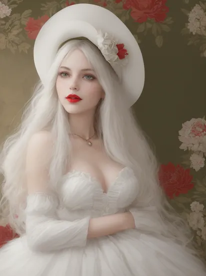 (dynamic pose:1.2),(dynamic camera),photo RAW,((young skinny smile a woman with long white hair and a white hat),(look to viewer),(full red lips),(Olive Wallpaper with a fluff vintage pattern in the background:1.3)),masterpiece, best quality, highly detailed, rule of third, soft lighting, beautiful detailed, insanely intricate details, perfect lighting, incredible detail, artstation trending, hypermaximalistic, high details, natural balance color,8k, ultra detailed, beautiful and aesthetic, extremely detailed, the most beautiful form of chaos, elegant, vivid colours, romanticism, atmospheric, , in the style of intimacy, dreamscape portraiture,  solarization, shiny kitsch pop art, solarization effect, reflections and mirroring, photobash, (composition centering, conceptual photography), (natural colors, correct white balance, color correction, dehaze,clarity)