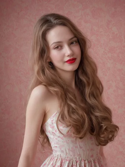 (dynamic pose:1.2),(dynamic camera),photo RAW,((cute beautiful young skinny smile a woman with long hair in a dress,Balanced body),(look to viewer),(full red lips),(Pink Wallpaper with a fluff vintage pattern in the background:1.3)),masterpiece, best quality, highly detailed, rule of third, soft lighting, beautiful detailed, insanely intricate details, perfect lighting, incredible detail, artstation trending, hypermaximalistic, high details, natural balance color,8k, ultra detailed, beautiful and aesthetic, extremely detailed, the most beautiful form of chaos, elegant, vivid colours, romanticism, atmospheric, , in the style of intimacy, dreamscape portraiture,  solarization, shiny kitsch pop art, solarization effect, reflections and mirroring, photobash, (composition centering, conceptual photography)