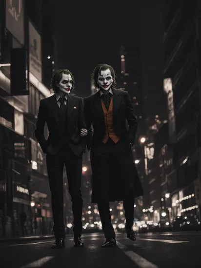 the joker walking through streets of new york, stunning photo, dark moody aesthetic, at night, city lights in background. surreal, 8k
