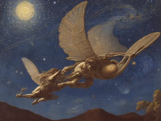 A painting of a vintage intricate Leonardo da Vinci flying machine against a blue starry night, by WASMoebius