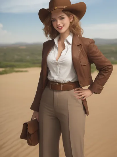 (masterpiece, best quality, detailed), 1girl, solo, looking at viewer, mikictr, lipstick, 1990s (style), retro artstyle,
fedora, brown headwear, brown pants, black belt, cowboy hat, brown jacket, leather jacket, indiana jones, white shirt, satchel, desert, sand, dust, sun, hands on hips, grin