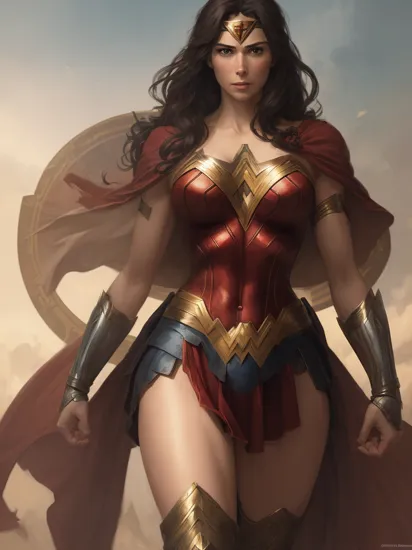 The image shows wonderwoman standing in the center of the frame, with his arms crossed over his chest and a determined expression on his face wearing a sexy wonderwoman outfit, big breasts,   The artist's name and ArtStation link are displayed in the bottom right corner of the image, adding a personal touch to the artwork. The overall effect is dramatic and dynamic, capturing the strength and courage of Superman as he stands ready to defend the world from danger art by greg rutkowski and alphonse mucha