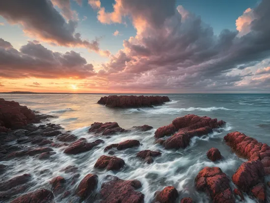The most incredible professional landscape photo of the shoreline with a dramatic an colourful sky at sunset with billowing clouds, exceptionally detailed, ultra quality, photorealistic, 8k, award winning, 20mm, landscape photography, high contrast, Adobe RGB, vibrant, HDR, fast shutter