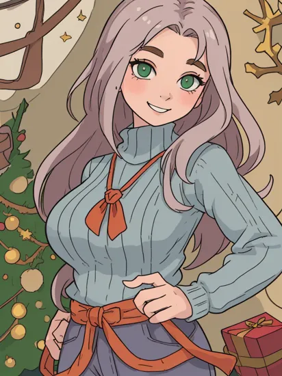 1girl, solo,  rapunzel, green eyes, looking at viewer:1.3, detailed eyes:1.3, best quality, extremely detailed, masterpiece, 32k, RAW, extremely detailed face:1.3,   (wearing holiday outfit, turtleneck, pants, knitted sweater), 18yo, (huge breasts), Christmas, christmas tree, gifts, good vibe, lovely, cute smile, detailed fingers, perfect fingers,