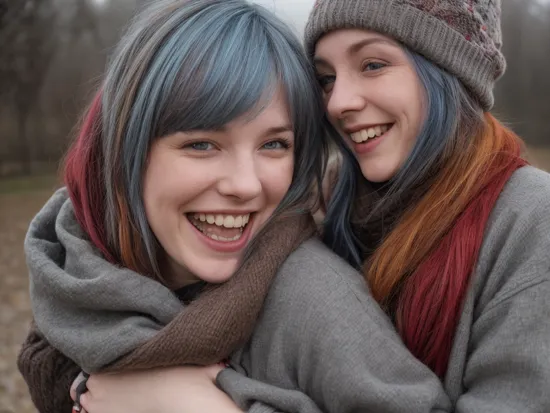 closeup portrait photography of a dating lesbian couple, fancy dark grey and brown warm clothes, one blue hair, one red hair, two different faces, happy, laughing, young, hugging, colorful, stylish, artistic by alberto seveso, park, dusk, misty fog, cold weather, frost, autumn leaves, pond