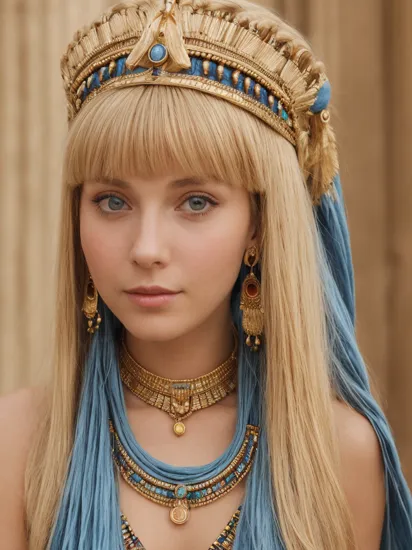masterpiece, best quality, 1girl, penny, blonde hair, twintails, blunt bangs, blue eyes, , cleopatra, historical_character, ancient_egypt, royalty, regal, jewelry, headdress, iconic, Egyptian_history, earrings, necklace, jewlery, armlet, blue gemstone, headdress, upper body, bare shoulders, gold, (smile:0.7), looking at viewer