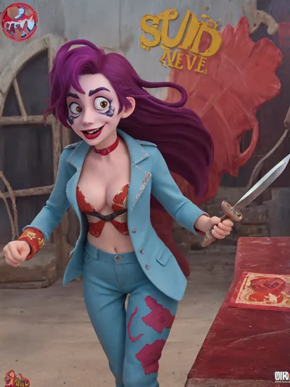 Art, reinvented, An alternative version of the Joker, A vibrant digital painting. vivid colors. American comic book cover art, 8k resolution. Extremely detailed. Award winning, holding a large butchers knife, girl, crazy eyes, tsundere, large knife, rain, long hair