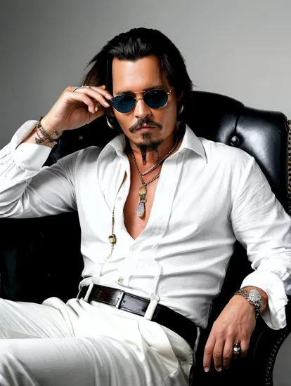 Johnny Depp, Sophisticated man @JohnnyDepp, sharp haircut, open white shirt with suspenders, reclining with a drink in hand, leather chair, black and white for dramatic contrast, embodies a modern take on a classic gentleman's leisure, evoking a relaxed yet luxurious lifestyle.