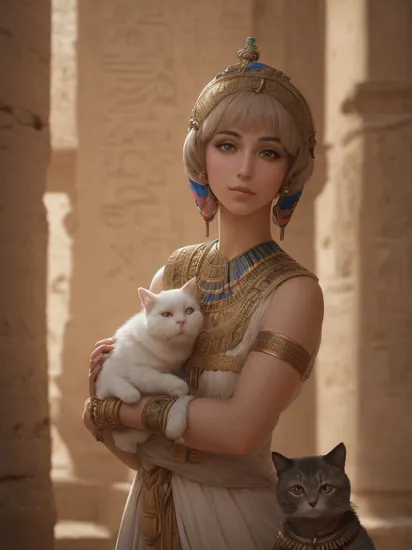 Highest quality, masterpiece, medium closeup shot, RAW photo, of (elegant ancient Egyptian woman with short hair, in Egyptian temple, with a fluffy cute cat), (psychedelia), ancient Egyptian attire, Cleopatra, (sphinx:0.6), (pyramids:0.7),  (highly detailed skin), ancient rune tattoos, skin texture,  (portrait:0.9), (detailed face), alluring eyes, [cool|warm] color temperature, soft focus, diffused soft lighting, (backlighting:0.8), photographed on a Nikon D850, 50mm lens, F/2.8 aperture, (exposure boost:0.5), (highly detailed, intricate details), minimal shadows, absurdres, 8mm film grain
