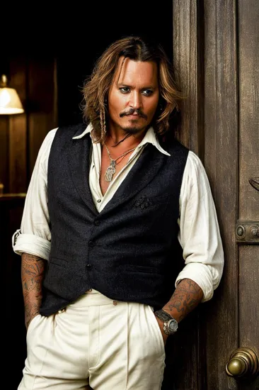 Johnny Depp, Confident man @JohnnyDepp, salt-and-pepper hair, stubble, charcoal tee paired with tailored trousers, casually leaning against a wooden door frame, street ambiance, soft focus on the bustling city life behind, gentle smile playing on his lips, wrist adorned with a sophisticated watch, the warm glow of the overhead lamps casts a cozy light on @JohnnyDepp, the reflection in the window adds depth to the scene, captured in a natural, candid moment, embodying urban sophistication and relaxed elegance in a metropolitan setting.