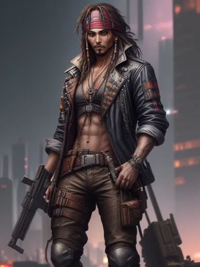 Captain Jack Sparrow in (cyber clothes:1.3), (cyberpunk:1.2), (Night City bg:1.3),
(holds a large machine cyberpunk gun:1.1),
, epic realistic, ultra quality, ultra detailed, hdr