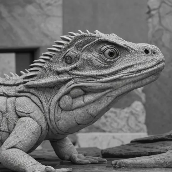  ([Macro Photography:Marble Sculpture:.3]:1.1),and colossal Lizardfolk, made of clay,Sunshine rays, BREAK 4k,detailed picture,hyperdetailed,vivid,greyscale