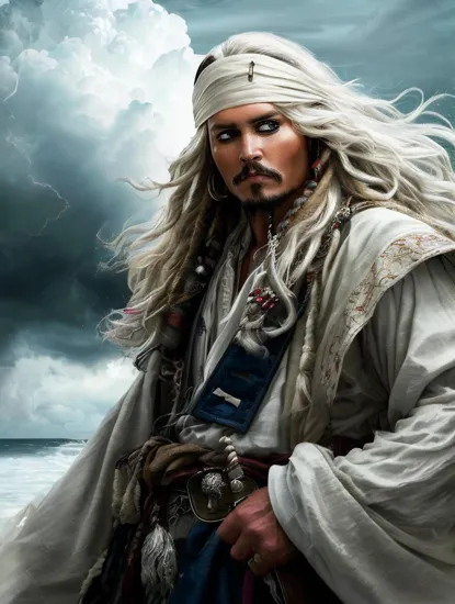 Johnny Depp, Stormy adept @JohnnyDepp, ((flowing white hair)), caught in a maelstrom, ((traditional garb fluttering amidst the tumultuous clouds)), a determined look in the eyes, a stance that suggests readiness for the unseen challenges ahead, a blend of tranquility and tempest.