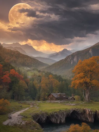 photo RAW,(autumn,mountains and a storm lake with a moon in the sky, (old wooden slab home:1.1)), masterpiece, award winning photography, natural light, perfect composition, high detail, hyper realistic, (composition centering, conceptual photography), realistic, detailed, balanced, by Trey Ratcliff, Klaus Herrmann, Serge Ramelli, Jimmy McIntyre, Elia Locardi , detailed, realistic, 8k uhd, high quality, impressive fantasy landscape, sci-fi fantasy desktop 4k wallpaper, detailed hdr photography, epic dreamlike fantasy landscape, 4k hd matte, 8k,Realistic, realism, hd, 35mm photograph, 8k