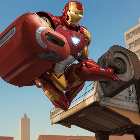 fr1rv1n6 style Iron Man lifting a truck