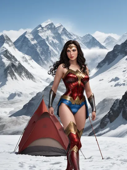 Photo of Wonder Woman standing at the top of Mount Everest, with tents visible in the background. red lips, (tents:1.2)
(high detailed skin:1.1), full body, 
