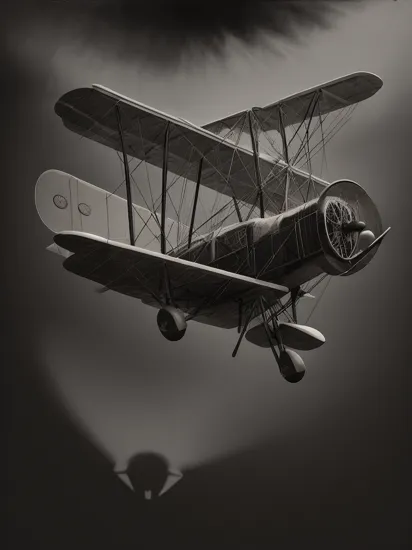 The chilling dread as a biplane's shadow passes overhead, , Greek,  Tarot cards, Eerie,Ethereal, (High contrast:1.1), (Rule of Thirds:1.1),  (Decalcomania:1.1), (Spotlight:1.2), , , ((Melancholic,sad,reflective,somber:0.99),(Diagonals,dynamic,movement,angles,Metallic,reflective,hard,industrial,Reflected Light,bounce,indirect illumination,fill:0.75),(Fine Art Photography,creative,conceptual,aesthetic:0.99):0.5), ultra detailed, intricate, oil on canvas, dry brush, (surrealism:1.1), (disturbing:1.1) 