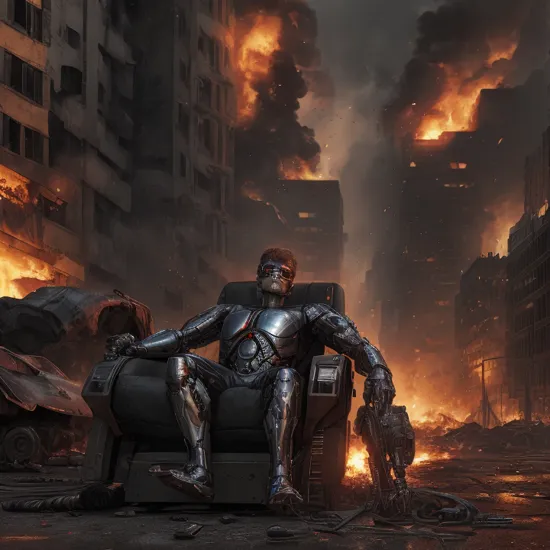 the terminator, (cyborg:1.3), (wearing VR Glasses), relaxing on a lazy boy, on the street in a dystopian city, war, burning buildings, burning cars, explosion, fire, cyberpunk, dark, scary, horror, extreme quality, hyperdetailed, 8k, unreal engine