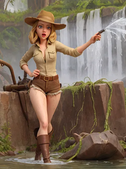 Amanda Seyfried as a female 40's pulp heroine, Indiana jones cosplay,  archeologist gear, torn shirt, ripped pants, dark swamp setting, Doc Savage, slime ground, wet body, wet clothes, emerging from the water, water splashing, cinematic action shot, realistic, dynamic pose, spraying water, surging up from the depths,