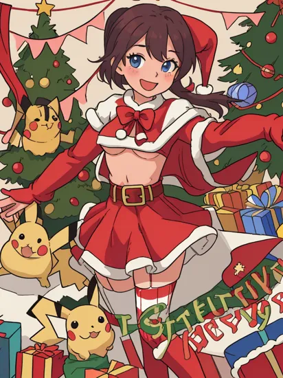 , pikachu, blue eyes, BREAK standing, christmas, christmas tree, christmas outfit, ((red clothes)), belt, skirt, short christmas cape, [[[[red t-shirt]]]], (underboob), (striped legwear, stripes, christmas stockings), smug smile, open mouth, cowboy shot, close up, (high quality:1.2), masterpiece, detailed, highres, 8k, UHD, sharp focus