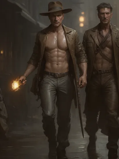 timeless style,,(extremely detailed CG unity 8k wallpaper), full shot body photo of the most beautiful artwork of indiana jones holding a torch, torn jacket,focus on male, male focus, man, real human skin, (navel, navel hair, nipples, pectorals,pants:1.2), nostalgia professional majestic oil painting by Ed Blinkey, Atey Ghailan, Studio Ghibli, by Jeremy Mann, Greg Manchess, Antonio Moro, trending on ArtStation, trending on CGSociety, Intricate, High Detail, Sharp focus, dramatic, photorealistic painting art by midjourney and greg rutkowski,