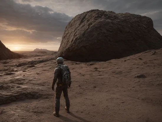 landscape photography of an explorer on a barren asteroid looking at an alien planet in background, photorealistic, scenery,absurdres,hyper realistic lifelike texture dramatic lighting unrealengine trending on artstation,award winning photo,nikon RAW photo,8k,masterpiece, best quality,  cinematic, detailed, realistic, 8k uhd, high quality