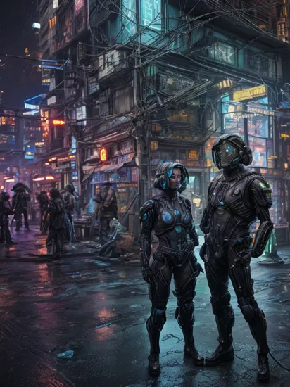 Two people, (hologram Cortana) and (camouflaged colored Master Chief), reimainged in a cyberpunk universe, cyberpunk, cyberpunk style, cyberpunk style art, cyberpunk surroundings, glowing multicolored neon lights, glowing tattoos, rain, raining, lightning, cinematic scene, detailed background, masterpiece, best quality, high quality, highres, absurdres, 16k resolution   
