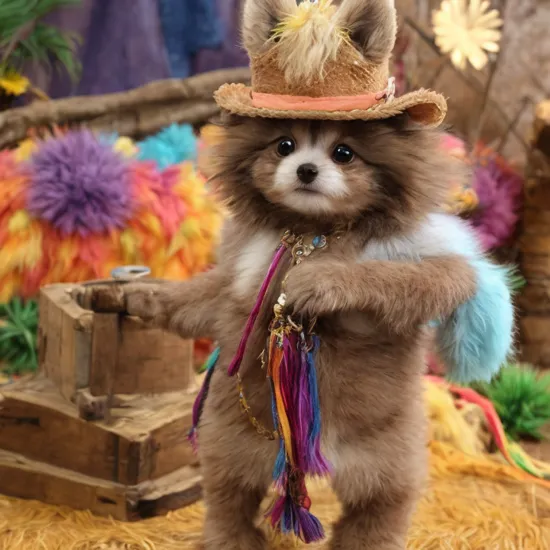 a small,colorful, fuzzy, fluffy fur,,cute,happy, fantz creature, dressed like Indiana Jones, the background is a party. 