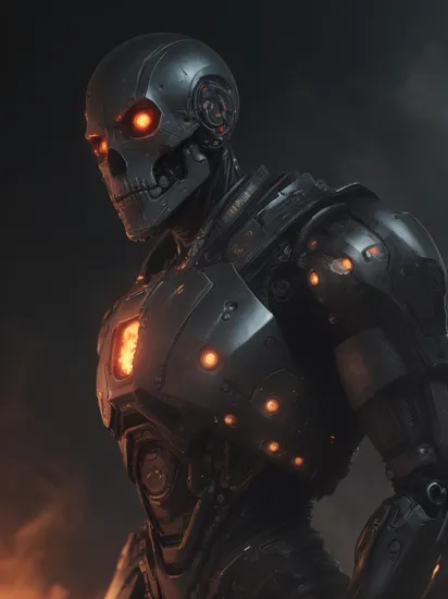 (<lyco:terminator:1.0>cyborg), ((poster movie film)), (RAW photo, real life, absurdres, high quality, photorealistic, detailed, realistic:1.3), (solo:1.3), (((body shot))), a high resolution photo of a robot, with red eyes glow and metal shiny skull face and chrome metal body, eyes looking camera lenses. ((metal feflex fire, flames, fog, smoke and dark background)), cinematic, atmospheric, 4k, realistic lighting, shot by Hassleblad camera, Zeiss lens, 50mm 1.2 lens, Octane Render, ultra realistic, realistic lighting, photorealistic, photorealism, photoreal, unreal engine, highly detailed, intricate detail, fighting in apocalypse, action, blue athmosphere, looking camera,  