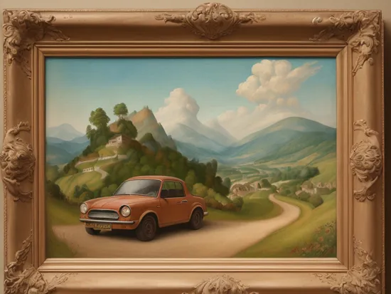 camaroirocz car painting in the (style of leonardo da vinci:1.2), italian countryside in the background, high resolution, high quality, intricate detail, very sharp 