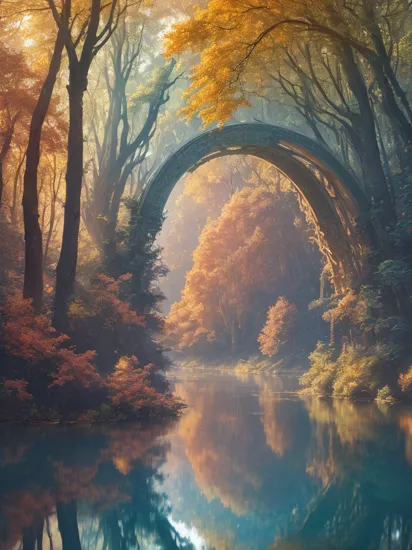 A breathtaking landscape, hyper detailed art nouveau photography incredible detailed beautiful ultrawide angle masterpiece dream depth perspective joyful happy bright natural colours low angle view, arch in the forest reflections lake clearing sunrise dramatic sky, by kilian eng with natural volumetric light morning light and shadows, smooth, sharp focus, octane render 4 k, ultra high definition, by g 