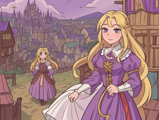 close up shot of (Rapunzel, RapunzelWaifu:1, long blonde hair, purple dress, ) in foreground, medieval fantasy city background, medieval port, tall wooden ships, fantasy marketplace, crowd of people in background, vibrant colorful clouds, medieval architecture, tudor style, stone castles, HDR, polychromatic buildings, vast cityscape,  masterpiece, , ,