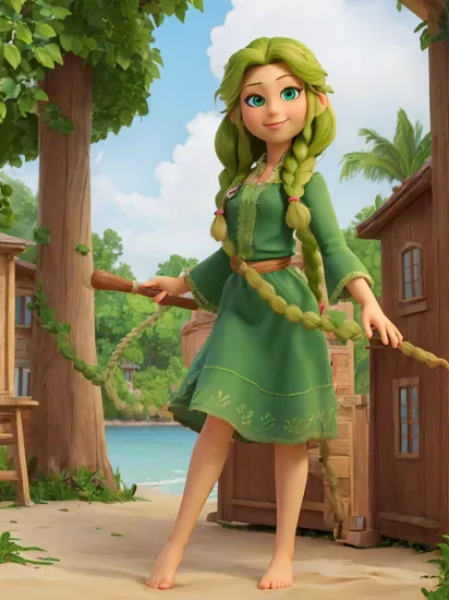 (masterpiece, best quality, high resolution:1.4), rapunzel, green eyes, (long braid:1.3), looking at viewer, green island outfit, barefoot,  smile, outdoors,  beach,