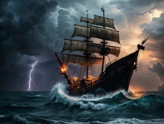 an old rickety worn out pirate ship out at sea with tethered sails. it's a sailing into a hurricane with lightning and tornadoes and waves everywhere. it is pouring down rain. it was dark and scary. there seems to be a giant monster off in the distance screaming into the black sky.