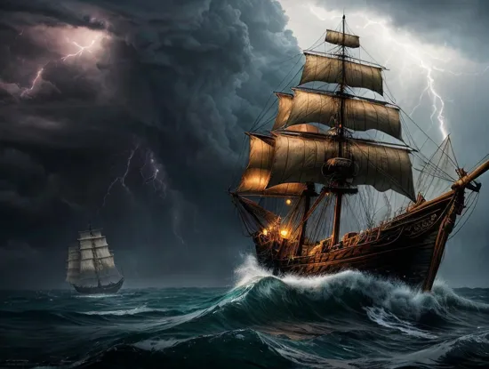 an old rickety worn out pirate ship out at sea with tethered sails. it's a sailing into a hurricane with lightning and tornadoes and waves everywhere. it is pouring down rain. it was dark and scary. there seems to be a giant monster off in the distance screaming into the black sky.