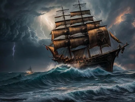 an old rickety worn out pirate ship out at sea with tethered sails. it's a sailing into a hurricane with lightning and tornadoes and waves everywhere. it is pouring down rain. it was dark and scary. there seems to be a giant monster off in the distance screaming into the black sky.