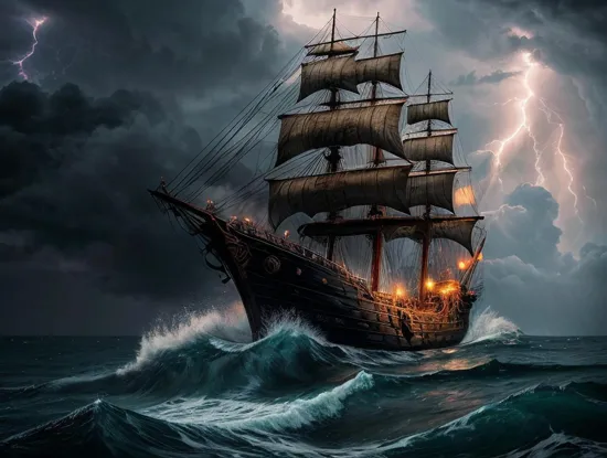 an old rickety worn out pirate ship out at sea with tethered sails. it's a sailing into a hurricane with lightning and tornadoes and waves everywhere. it is pouring down rain. it was dark and scary. there seems to be a giant monster off in the distance screaming into the black sky.