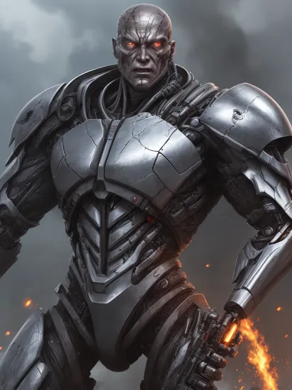 evil terminator man,  with damaged skin and head, using a futuristic weapon, hyper realistic, highly defined, highly detailed