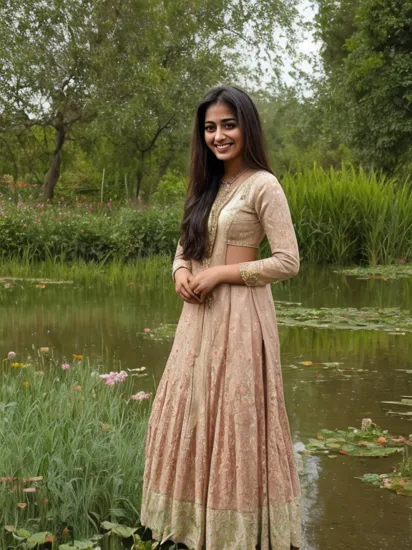 stunning beautiful fair Indian girl, 25 years, smiling, style of Claude Monet